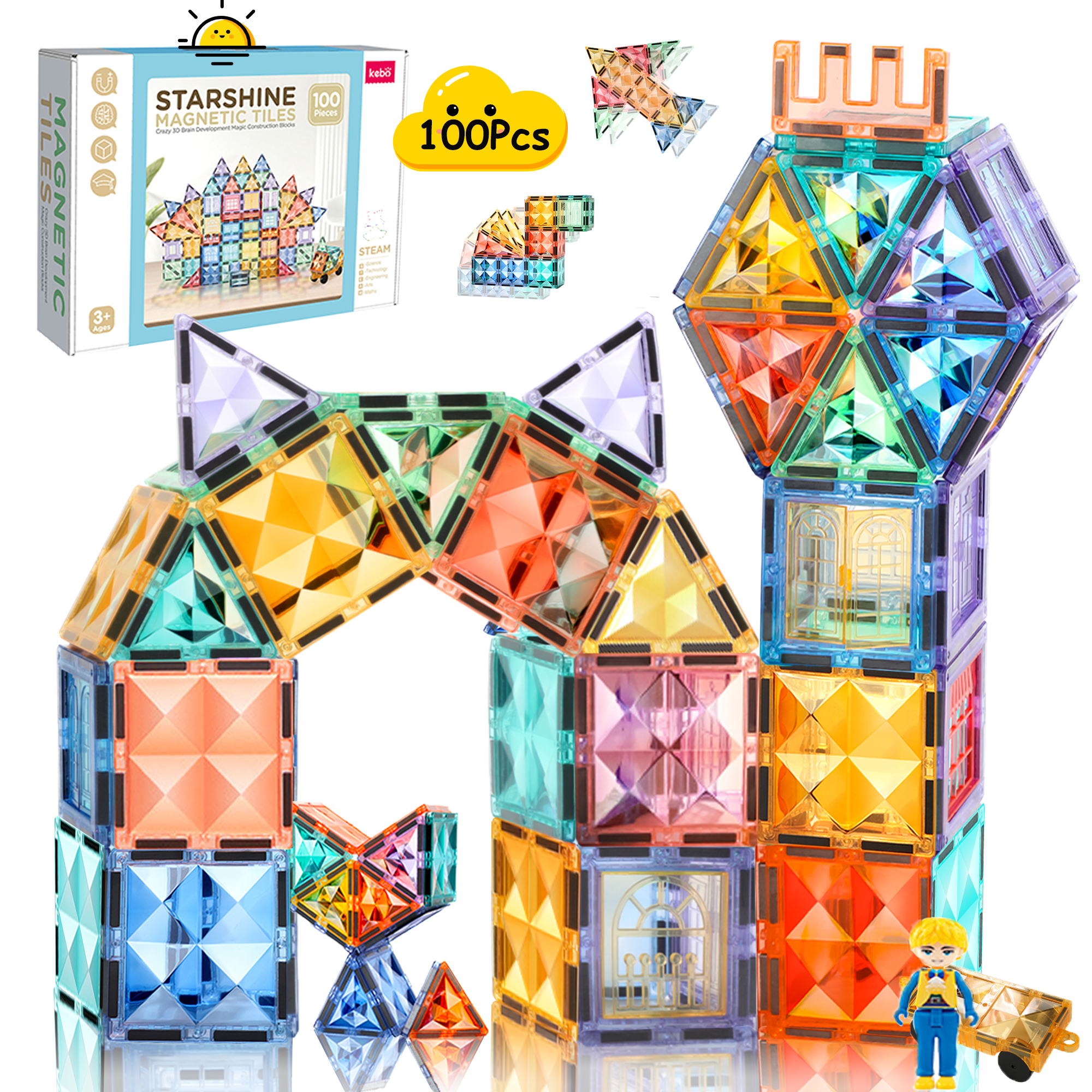 Magnatiles, Magnets for Kids, Magnetics Building Toy for 3+ Year Old, with 1 Car,1 Doll,100 Pcs