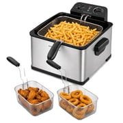 Magnavox 4.8 Quart / 4.5 Liter Deep Fryer with 3 Frying Baskets, 1800 Watt Electric Deep Fryer with Adjustable Temperature and Timer, Silver