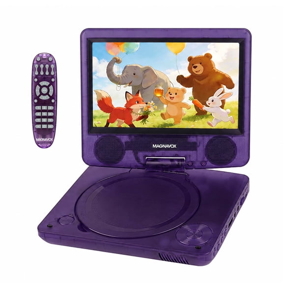 Magnavox 7 Inch Portable DVD Player with Swivel Screen, Translucent DVD Player with USB SD Playback, Rechargeable Battery, AV Out, Remote, Car Charger, 100–240V / DC 5V, Purple