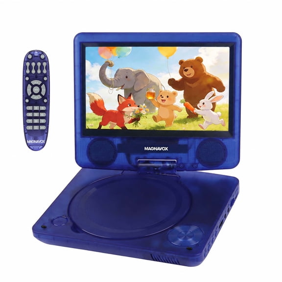 Magnavox 7 Inch Portable DVD Player with Swivel Screen, Translucent DVD Player with USB SD Playback, Rechargeable Battery, AV Out, Remote, Car Charger, 100–240V / DC 5V