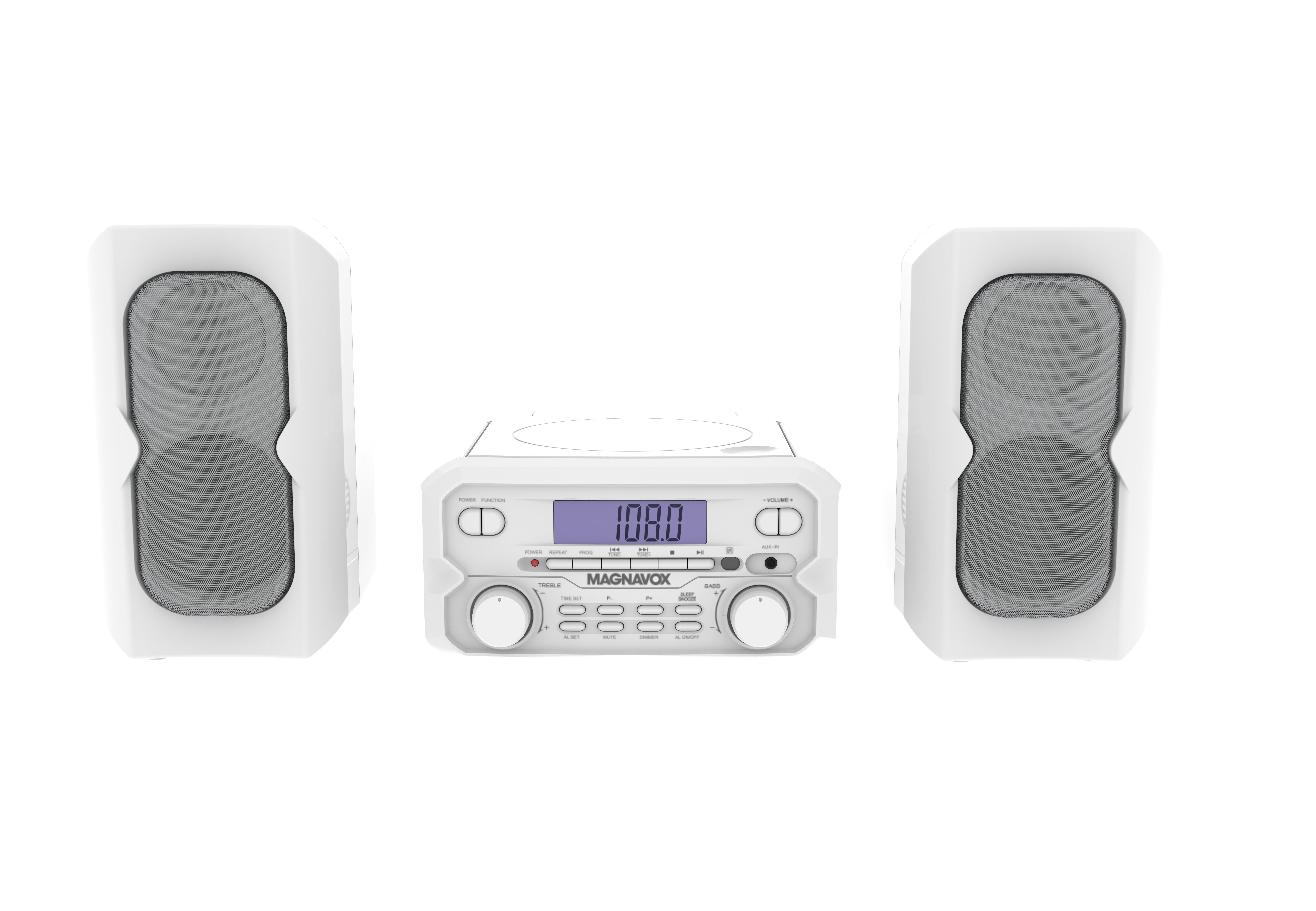 Magnavox Bluetooth 3-in-1 CD Shelf System with FM Stereo, Compact CD Player with Bluetooth Streaming, AUX Input, LCD Display, Top-Loading CD Player, White