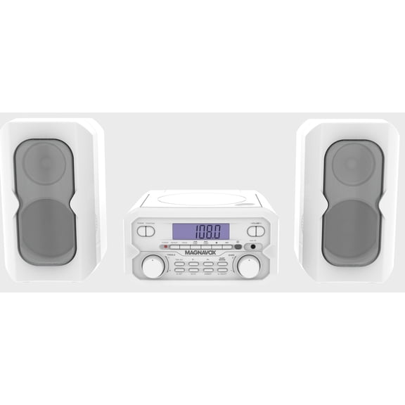 Magnavox Bluetooth 3-in-1 CD Shelf System with FM Stereo, Compact CD Player with Bluetooth Streaming, Aux Input, LCD Display, White