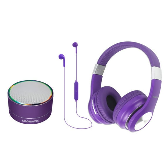 Magnavox MBH572-PL 3-in-1 Bluetooth Wireless Combo Pack in Purple | Bluetooth Wireless Technology | Portable Speaker with Color Changing Lights | On-Ear Headphones | In-Ear Headphones |