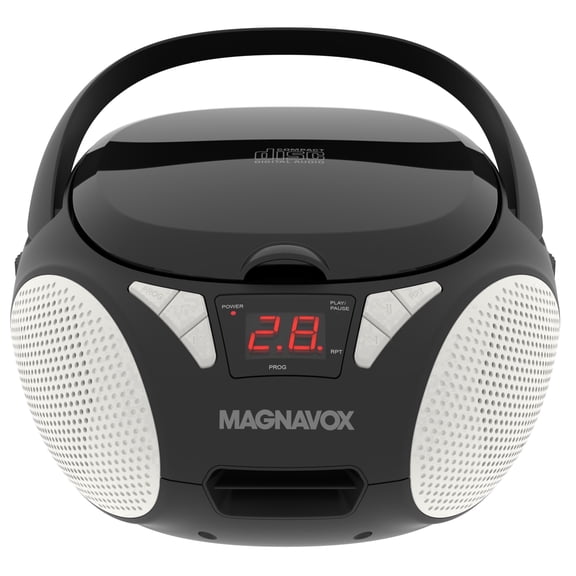 Magnavox Portable CD Boombox with FM Stereo Radio, Top-Loading CD Player, AUX Input, LED Display, AC/DC Power, Battery Operated Boombox, Black