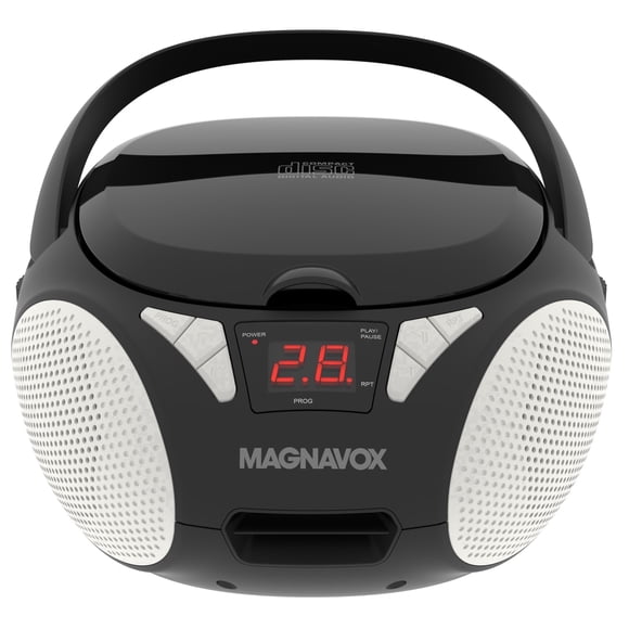 Magnavox Portable CD Boombox with FM Stereo Radio, Top-Loading CD Player, AUX Input, LED Display, AC/DC Power, Battery Operated Boombox, Black