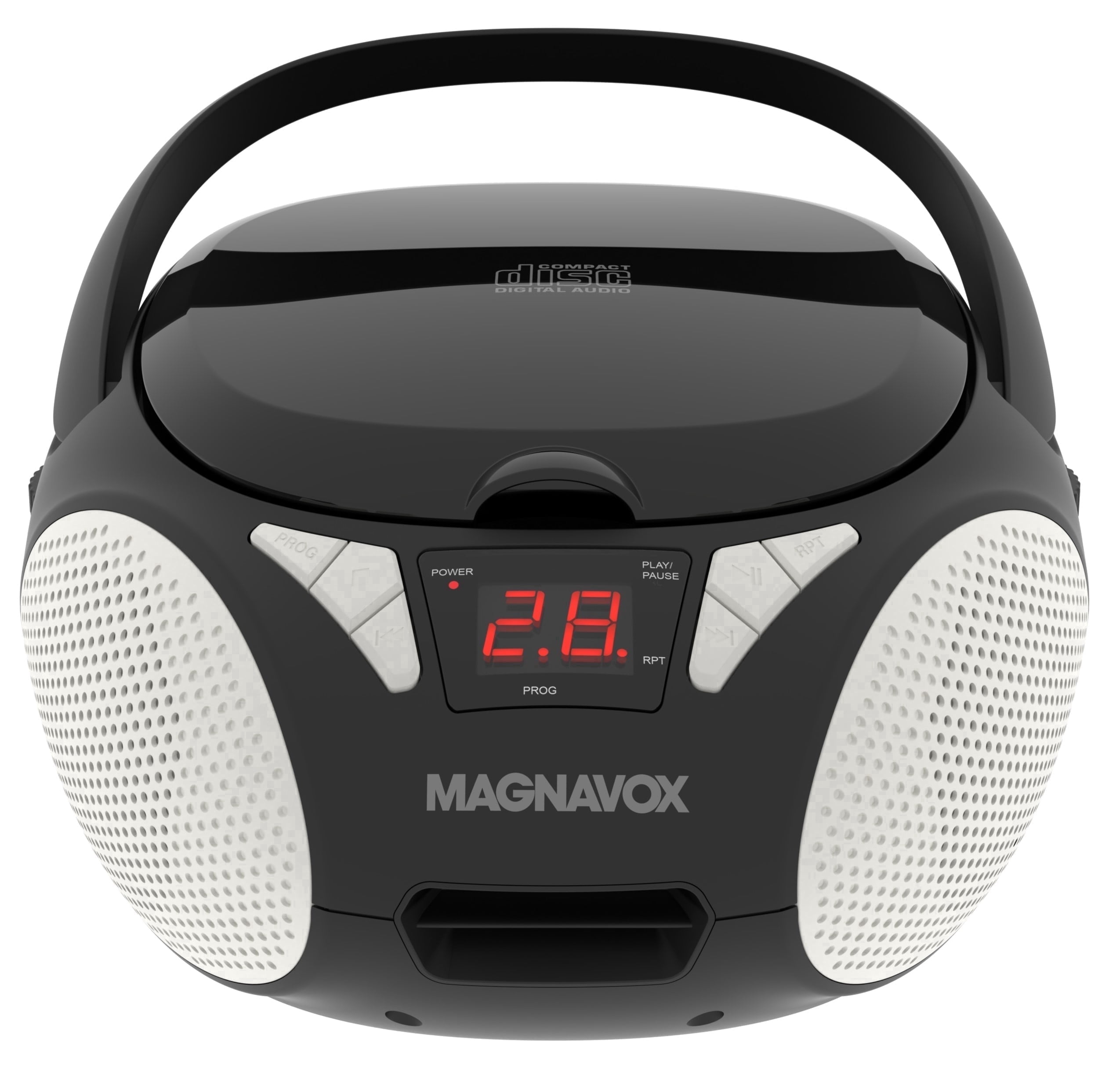 Magnavox Portable CD Boombox with FM Stereo Radio, Top-Loading CD Player, AUX Input, LED Display, AC/DC Power, Battery Operated Boombox, Black