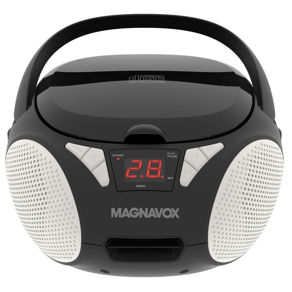 Magnavox Portable CD Cassette Boombox with FM Stereo Radio, Top-Loading CD Player, AUX Input, LED Display, AC/DC Power, Battery Operated Boombox, Black