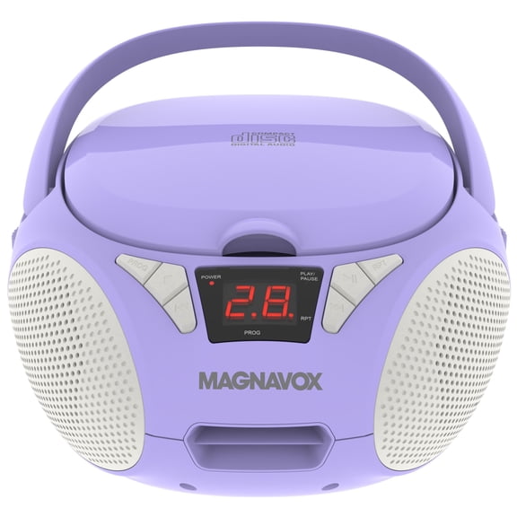 Magnavox Portable CD Cassette Boombox with FM Stereo Radio, Top-Loading CD Player, AUX Input, LED Display, AC/DC Power, Battery Operated Boombox, Purple