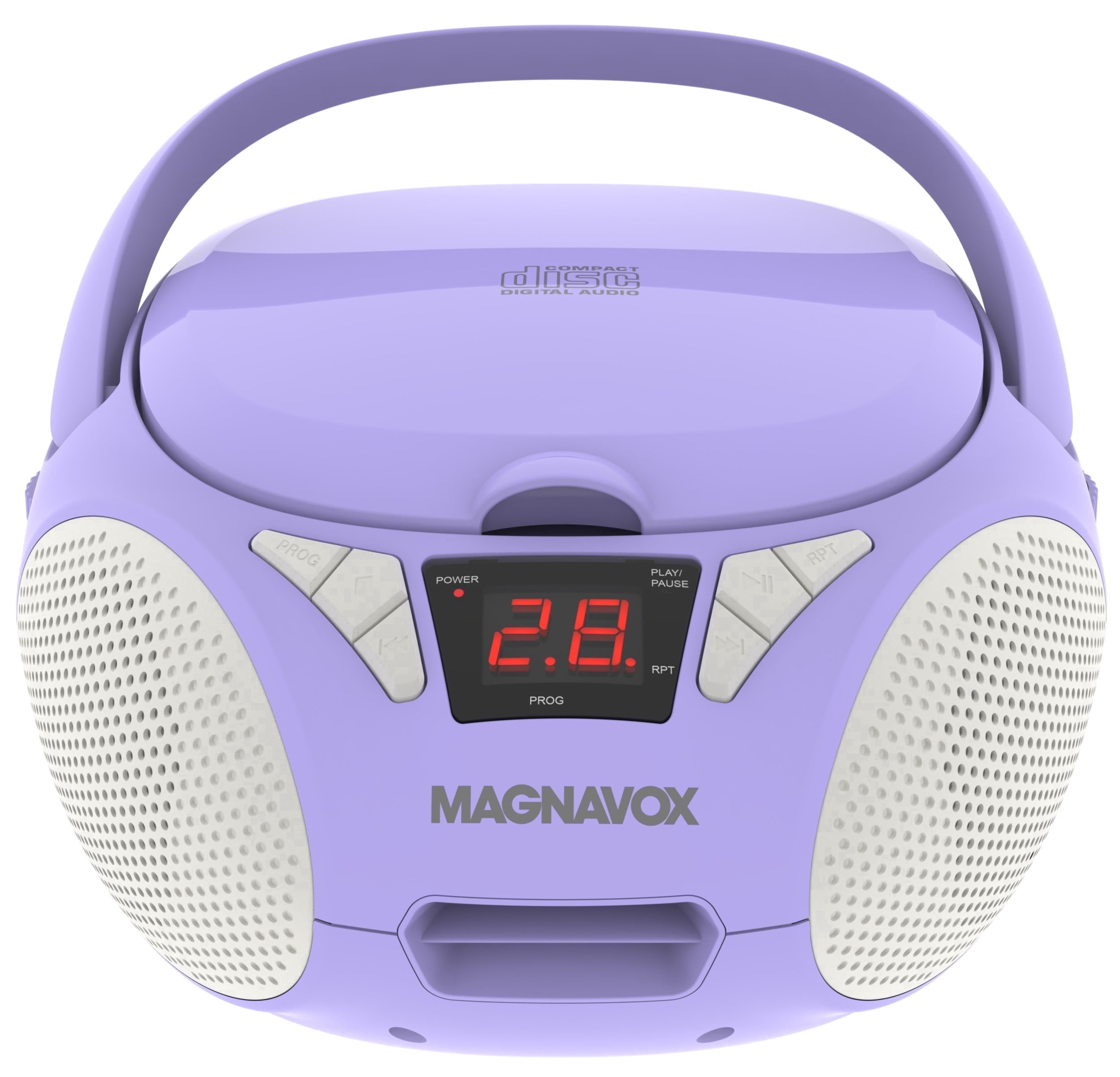 Magnavox Portable CD Boombox with FM Stereo Radio, Top-Loading CD Player, AUX Input, LED Display, AC/DC Power, Battery Operated Boombox, Purple