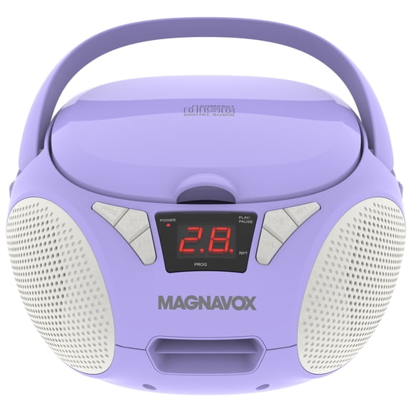 Magnavox Portable CD Boombox with FM Stereo Radio, Top-Loading CD Player, AUX Input, LED Display, AC/DC Power, Battery Operated Boombox, Purple