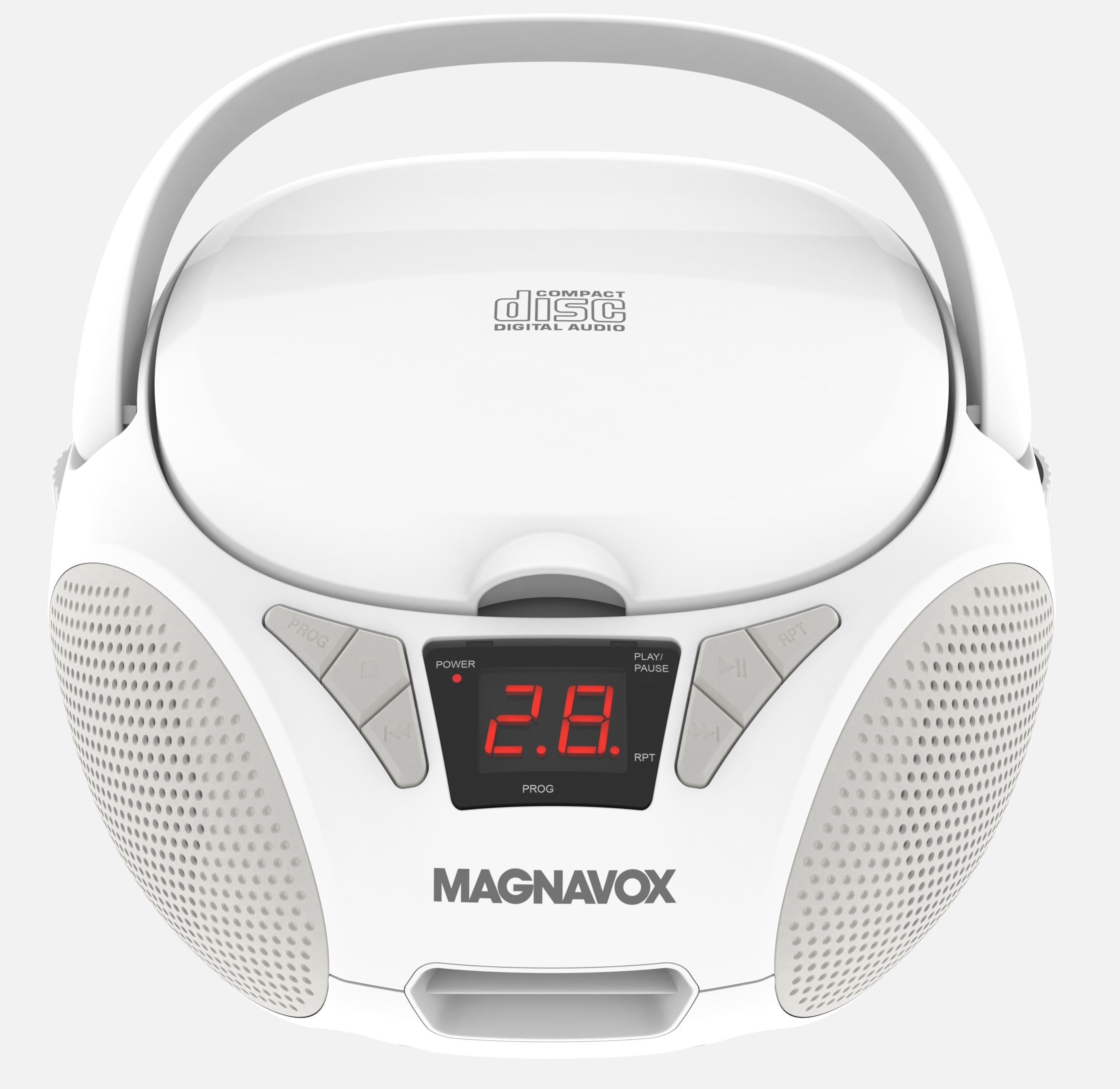 Magnavox Portable CD Boombox with FM Stereo Radio, Top-Loading CD Player, AUX Input, LED Display, AC/DC Power, Battery Operated Boombox, White