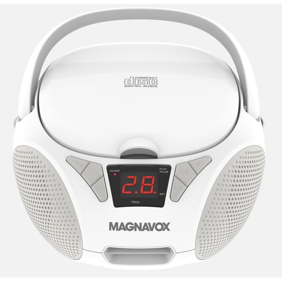 Magnavox Portable CD Boombox with FM Stereo Radio, Top-Loading CD Player, AUX Input, LED Display, AC/DC Power, Battery Operated Boombox, White