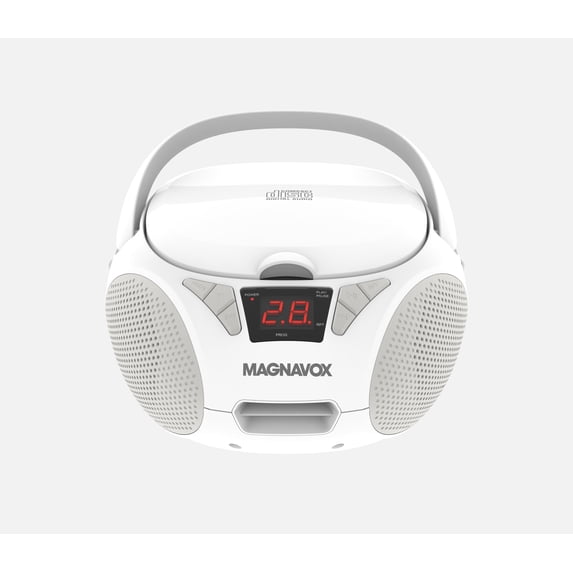Magnavox Portable CD Cassette Boombox with FM Stereo Radio, Top-Loading CD Player, AUX Input, LED Display, AC/DC Power, Battery Operated Boombox, White