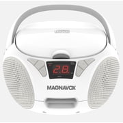 Magnavox Portable CD Boombox with FM Stereo Radio, Top-Loading CD Player, AUX Input, LED Display, AC/DC Power, Battery Operated Boombox, White