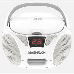 Magnavox Portable CD Boombox with FM Stereo Radio, Top-Loading CD Player, AUX Input, LED Display, AC/DC Power, Battery Operated Boombox, White