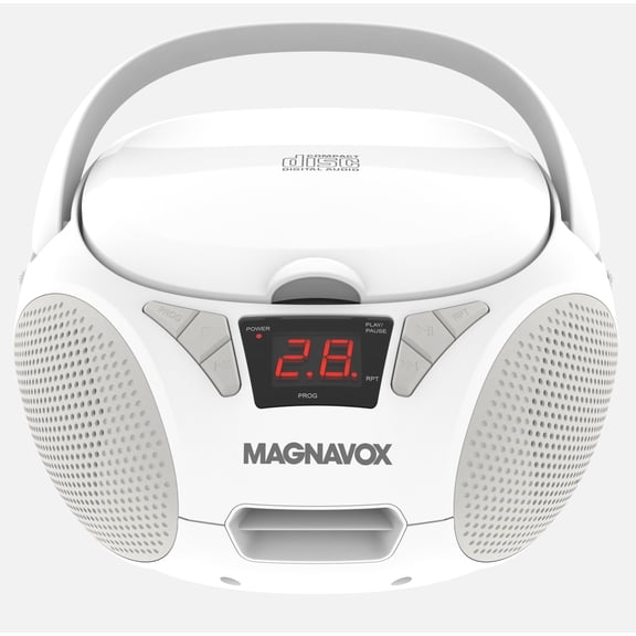 Magnavox Portable CD Boombox with FM Stereo Radio, Top-Loading CD Player, AUX Input, LED Display, AC/DC Power, Battery Operated Boombox, White