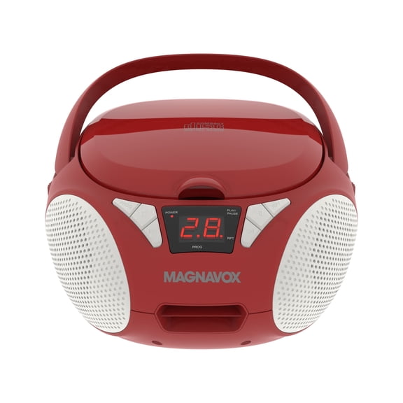 Magnavox Portable CD Cassette Boombox with FM Stereo Radio, Top-Loading CD Player, AUX Input, LED Display, AC/DC Power, Battery Operated Boombox, Red