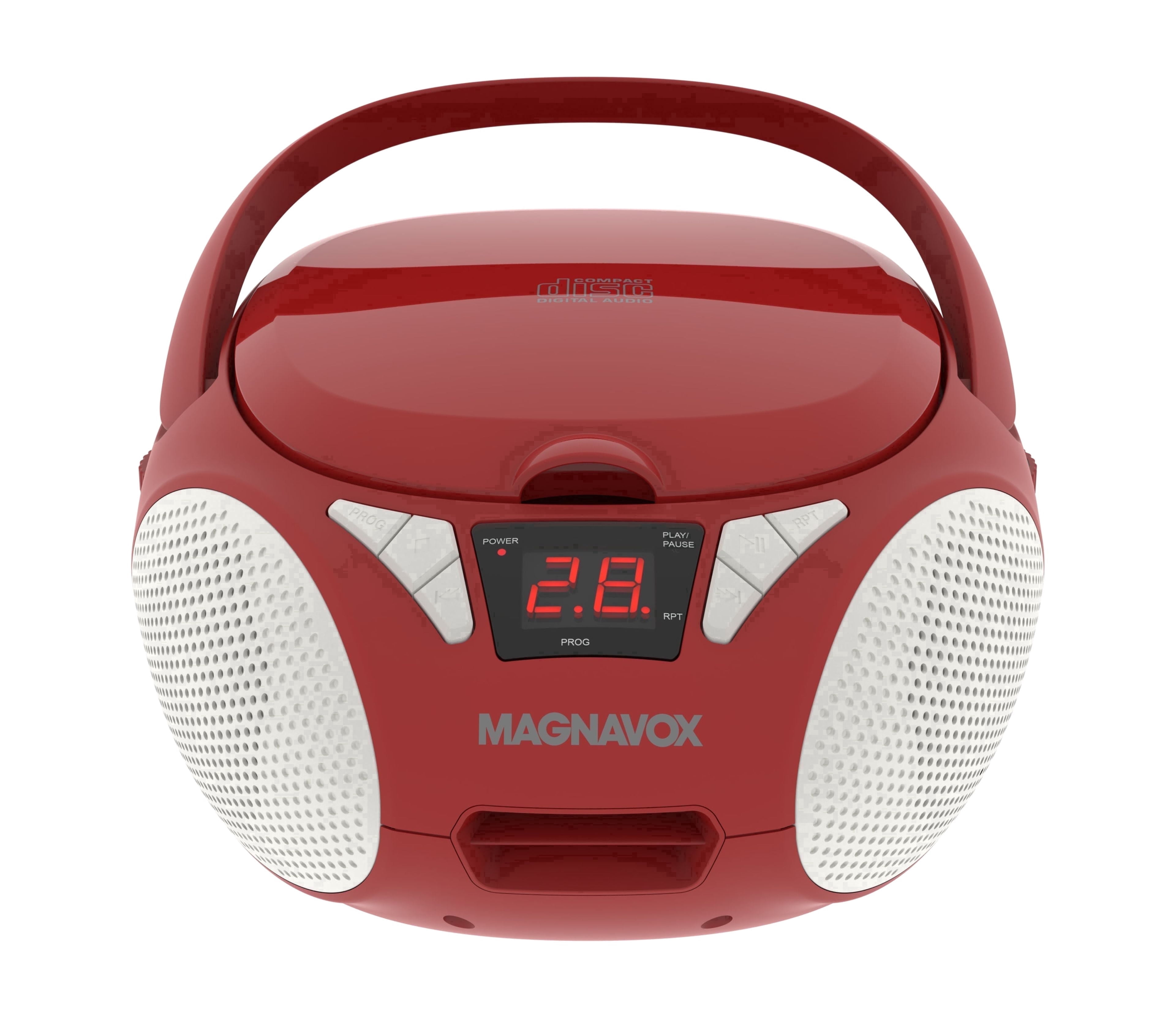 Magnavox Portable CD Boombox with FM Stereo Radio, Top-Loading CD Player, AUX Input, LED Display, AC/DC Power, Battery Operated Boombox, Red