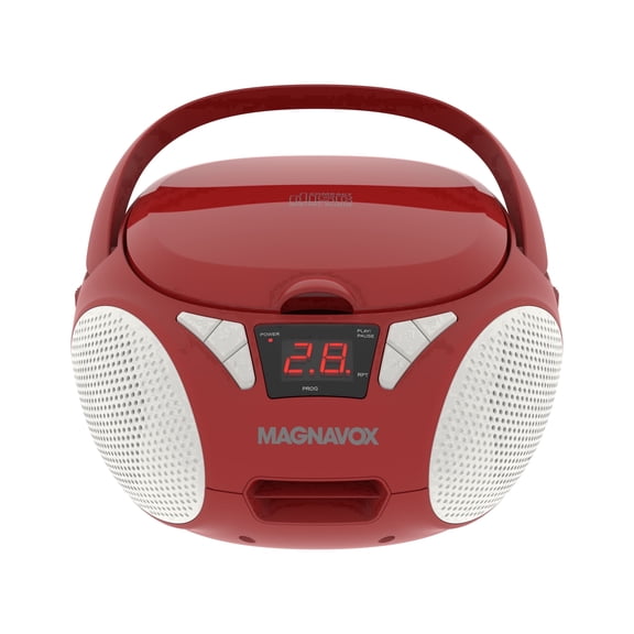 Magnavox Portable CD Boombox with FM Stereo Radio, Top-Loading CD Player, AUX Input, LED Display, AC/DC Power, Battery Operated Boombox, Red