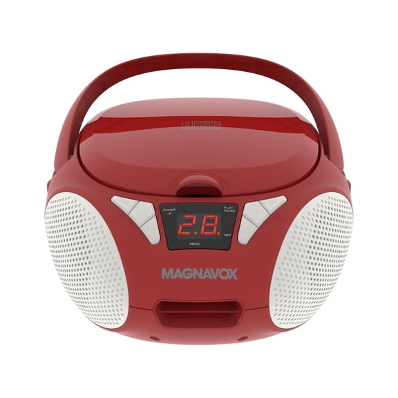 Magnavox Portable CD Cassette Boombox with FM Stereo Radio, Top-Loading CD Player, AUX Input, LED Display, AC/DC Power, Battery Operated Boombox, Red