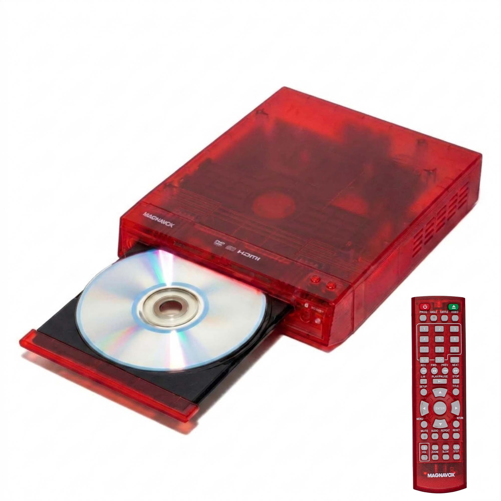 Magnavox Translucent DVD Player with HDMI Cable, Multi-Format DVD CD MP3 Player, HDMI Output, Remote Control, PAL/NTSC Compatible, 2 Channel Audio, Universal Power 100–240V, Red