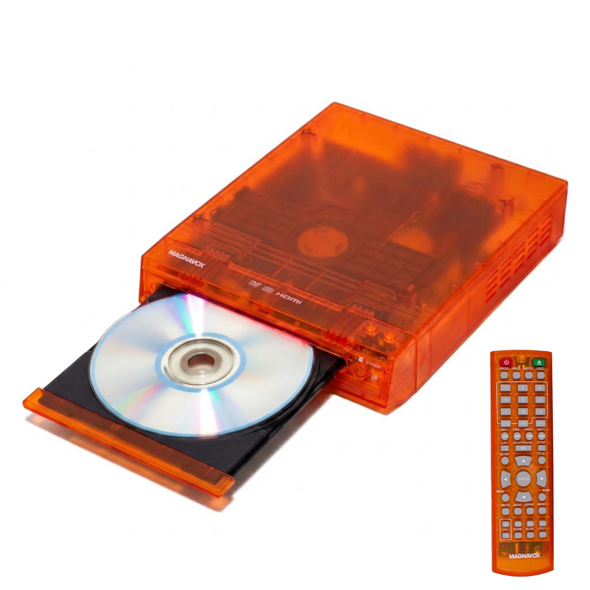 Magnavox Translucent DVD Player with HDMI Cable, Multi-Format DVD CD MP3 Player, HDMI Output, Remote Control, PAL/NTSC Compatible, 2 Channel Audio, Universal Power 100–240V, Orange