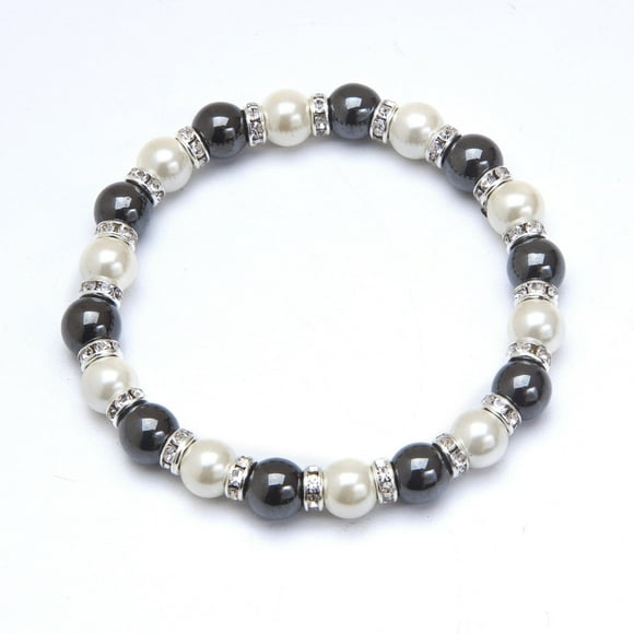 Black, White and Crystal Stretch Magnetic Hematite Wellness Bracelet Size 7.5