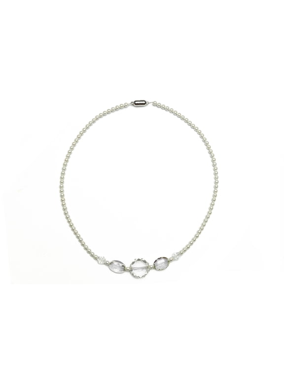 Clear Oval Crystals with White Magnetic Hematite Beads Necklace, 18 Inches