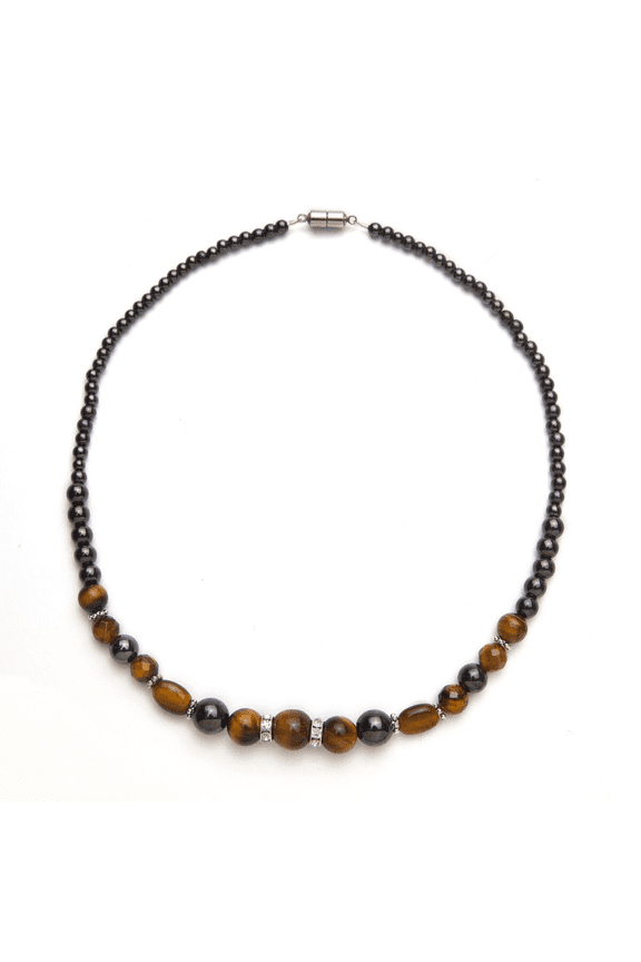 Tiger Eye and Crystal Black Magnetic Necklace, 18 Inches
