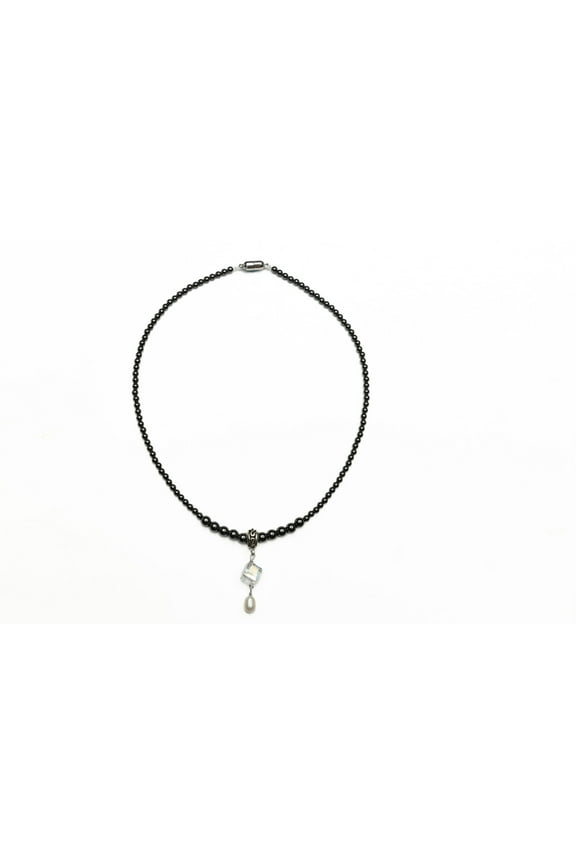 White Freshwater Pearl, Crystal Cube and Black Magnetic Hematite Necklace, 18 Inches