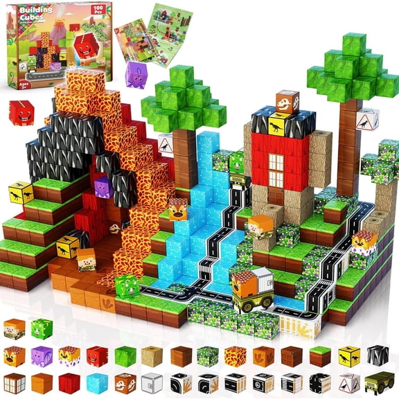 Magnefun Magnetic Blocks, 100PCS Dinosaur Volcano Theme Magnetic Building Blocks Magnet Toys Cube Game, STEM Educational Learning Toys, Magnetic Toys for Kids Ages 3+ Birthday Gifts