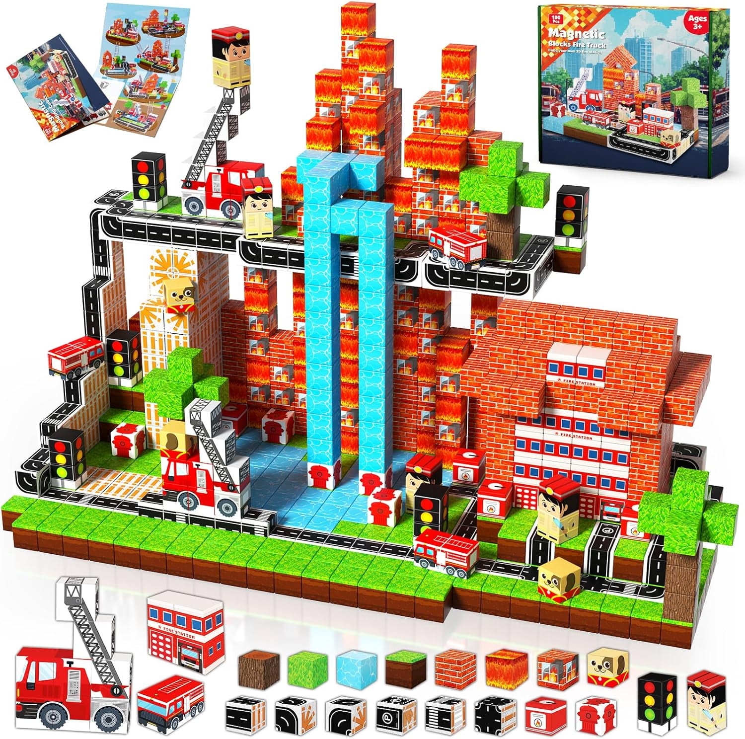 Magnefun Magnetic Blocks, 100PCS Firemen Theme Magnetic Building Blocks Magnet Constructions Toys Cube Game, STEM Educational Learning Toys, Magnetic Toys for Kids Ages 3+ Birthday Gifts