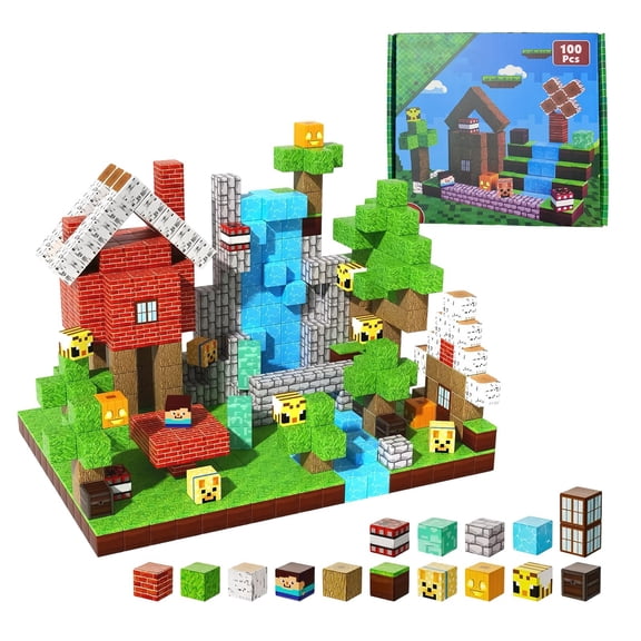 Magnefun Magnetic Blocks, 100PCS Forest Cabin Theme Magnetic Building Blocks Magnet Construction Cube Toys, STEM Educational Learning Toys, Magnetic Toys for Kids Ages 3+ Birthday Gifts