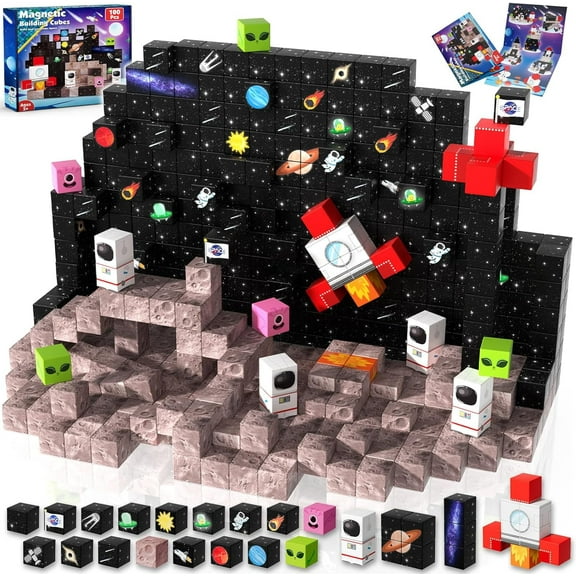 Magnefun Magnetic Blocks, 100PCS Galaxy Space Human Theme Magnetic Building Blocks Magnet Constructions Toys Cube Game, STEM Educational Learning Toys, Magnetic Toys for Kids Ages 3+ Birthday Gifts