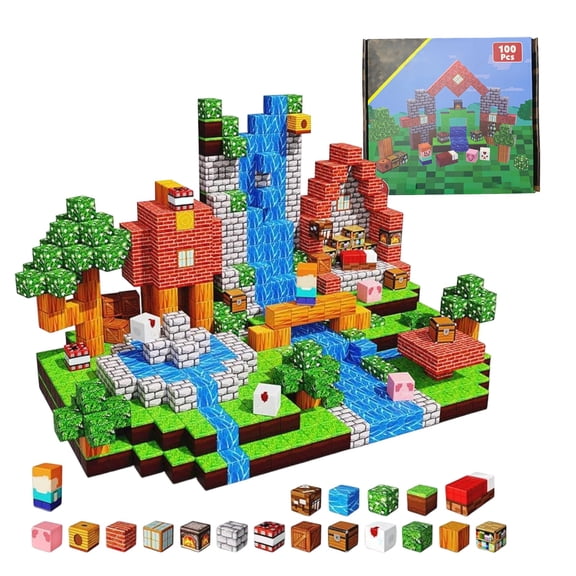 Magnefun Magnetic Building Blocks Set, 100PCS Prairie Home Theme Magnetic Blocks Cube Game, STEM Educational Toys, Magnetic Toys for Kids Ages 3-12