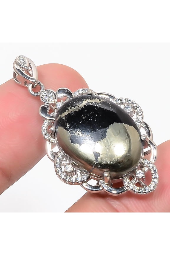 Magnesite In Pyrite & Cz 925 Sterling Silver Jewelry Pendant 1.7" T80, Iron Pyrite Pendant, Christmas Gift, New Year Sale, Gemstone Silver Jewelry