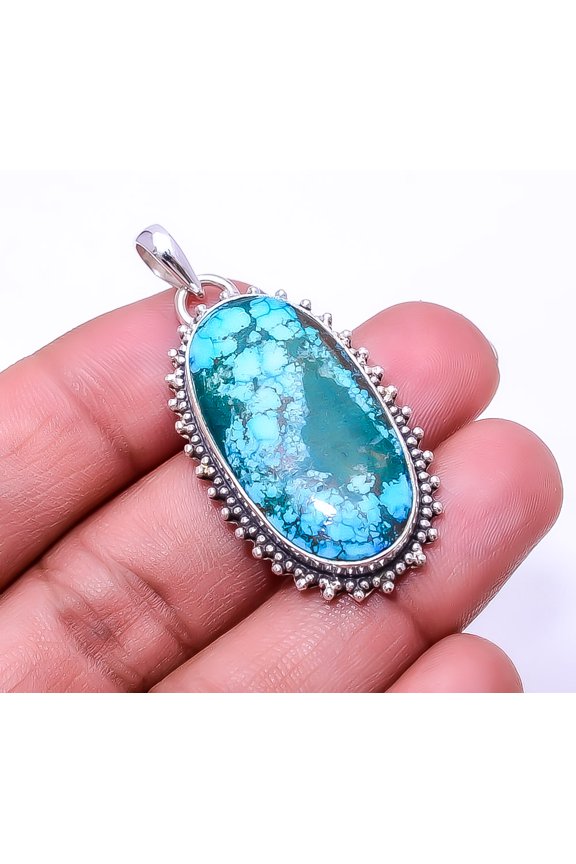 Magnesite Turquoise 925 Sterling Silver Bali Pendant 1.64", Blue Magnesite Turquoise Pendant P_8001_322_36