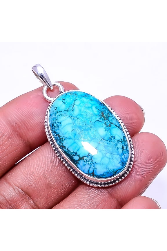 Magnesite Turquoise 925 Sterling Silver Bali Pendant 1.76", Blue Magnesite Turquoise Pendant P_8032_327_51