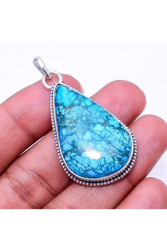Magnesite Turquoise 925 Sterling Silver Bali Pendant 1.87", Blue Magnesite Turquoise Pendant P_8032_327_59