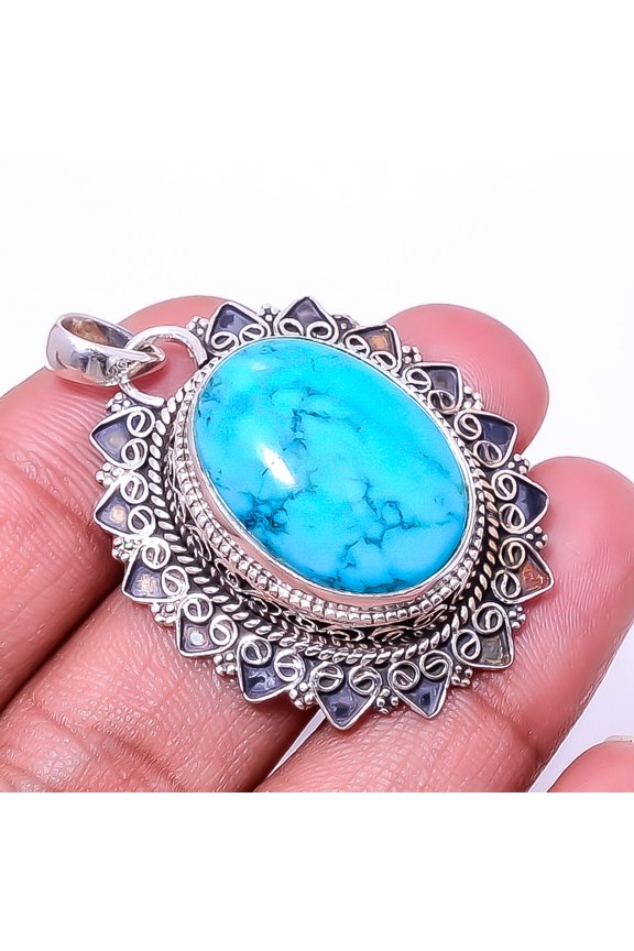 Magnesite Turquoise Fine Art 925 Sterling Silver Pendant 1.76" P_9395_205_12