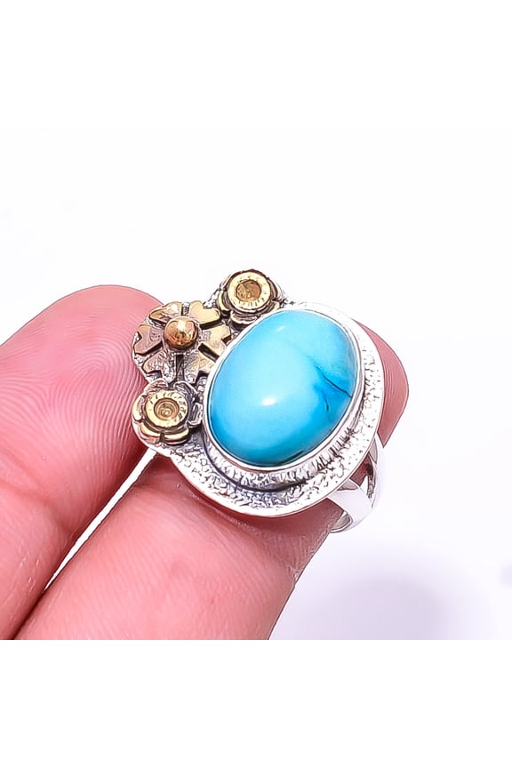 Magnesite Turquoise Two Tone Designer 925 Sterling Silver Ring s.6.5, Blue Magnesite Turquoise Ring R_9195_382_31