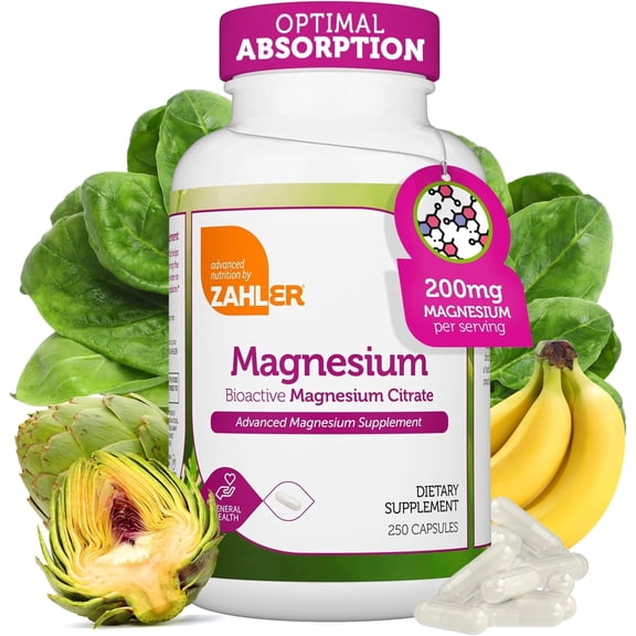 Zahler Magnesium Citrate 200 mg Capsules, Advanced Magnesium Supplements for Muscle & Nerve Health, Bioactive Magnesium, 250 Capsules