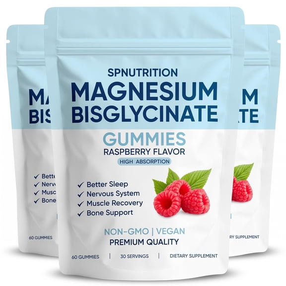 Magnesium Bisglycinate Raspberry Gummies with D3 B6 L-Theanine Sleep Calm Bone Support Muscle Relaxation Bone Health 60 Count , 3 Packs