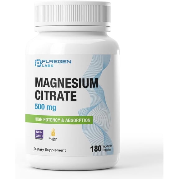 Magnesium Citrate 500 mg | High Potency Elemental Magnesium | Superior Absorption | Supports Muscle, Joint, and Heart Health | 180 Veggie Caps | 2PK