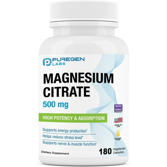 Magnesium Citrate 500 mg | High Potency Elemental Magnesium | Superior Absorption | Supports Muscle, Joint, and Heart Health | 180 Veggie Caps | 1PK