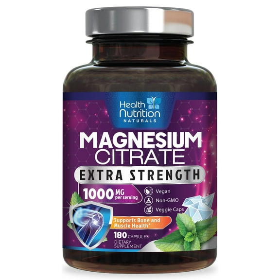 Magnesium Citrate Capsules 1000mg - Max Absorption Magnesium Powder for Muscle, Nerve, Bone and Heart Health Support, High Absorption Citrate Complex, Gluten Free, Non-GMO - 180 Capsules