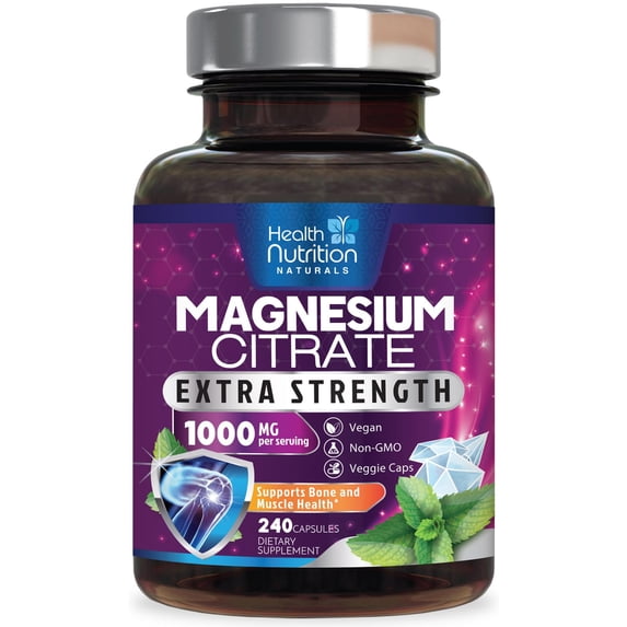 Magnesium Citrate 1000mg Per Serving - Max Absorption Magnesium Powder Capsules for Muscle, Nerve, Bone and Heart Health Support, High Absorption Citrate Complex, Gluten Free, Non-GMO - 240 Capsules
