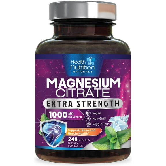 Magnesium Citrate Capsules 1000mg - Max Absorption Magnesium Powder for Muscle, Nerve, Bone and Heart Health Support, High Absorption Citrate Complex, Gluten Free, Non-GMO - 240 Capsules