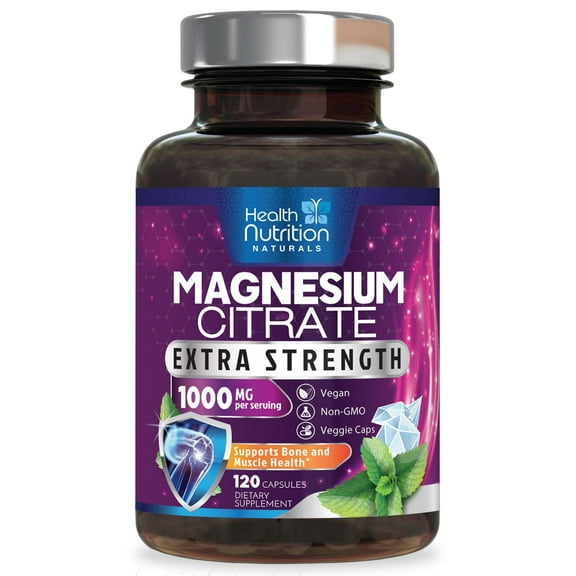 Magnesium Citrate Capsules 1000mg - Max Absorption Magnesium Powder for Muscle, Nerve, Bone and Heart Health Support, High Absorption Citrate Complex, Gluten Free, Non-GMO - 120 Capsules