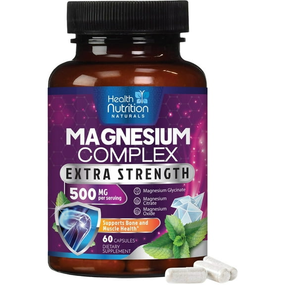 Magnesium Complex Capsules 500 mg with Oxide, Glycinate, Malate, Citrate - High Absorption Complex Chelated Magnesium Mineral Supplements - for Muscle, Bone and Heart Health Support - 60 Capsules